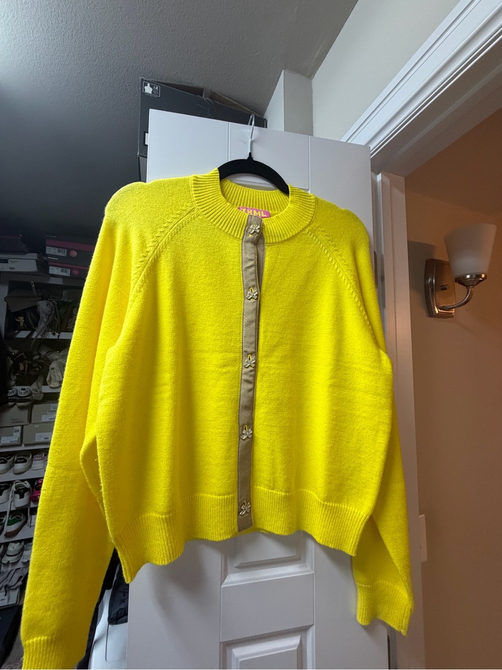 THML AVARA Neon Yellow Button-Front Crewneck Cardigan with crystal bow buttons M